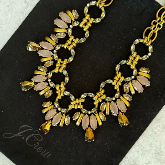 J. Crew Flower Statement Necklace Brass Tone with Clear, Gold and Pink Stones - Picture 1 of 7